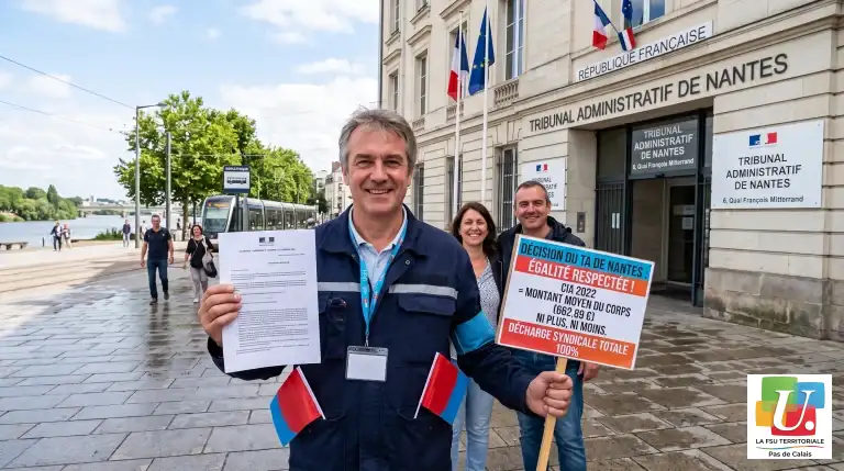Photographie photoréaliste de trois agents de la fonction publique devant le Tribunal Administratif de Nantes.