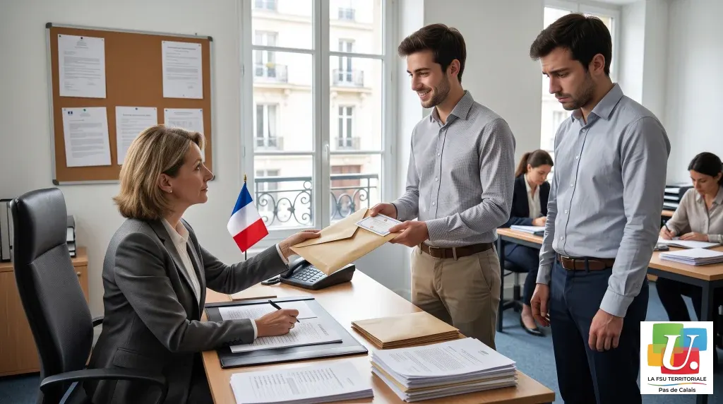 llustration d'un bureau de l'administration française où une responsable remet une enveloppe de prime à un agent public souriant, sous le regard déçu de son collègue, symbolisant l'inégalité de versement du complément indemnitaire annuel (CIA).