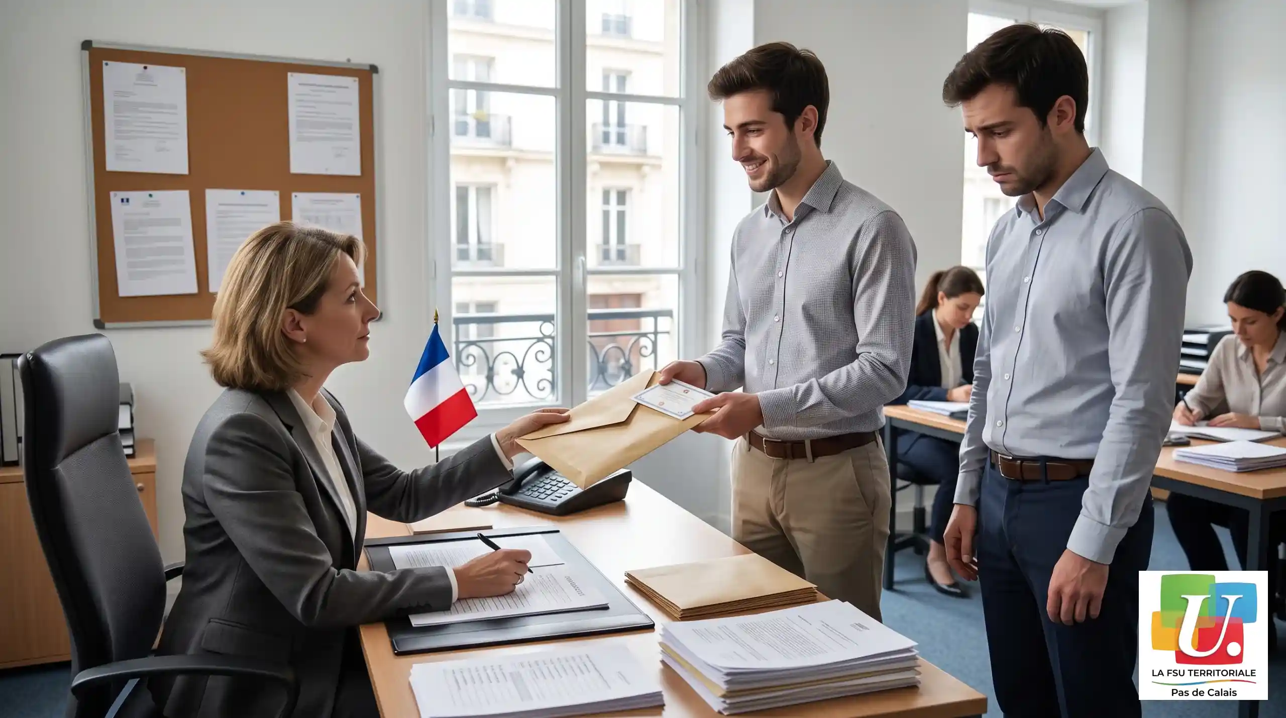 llustration d'un bureau de l'administration française où une responsable remet une enveloppe de prime à un agent public souriant, sous le regard déçu de son collègue, symbolisant l'inégalité de versement du complément indemnitaire annuel (CIA).