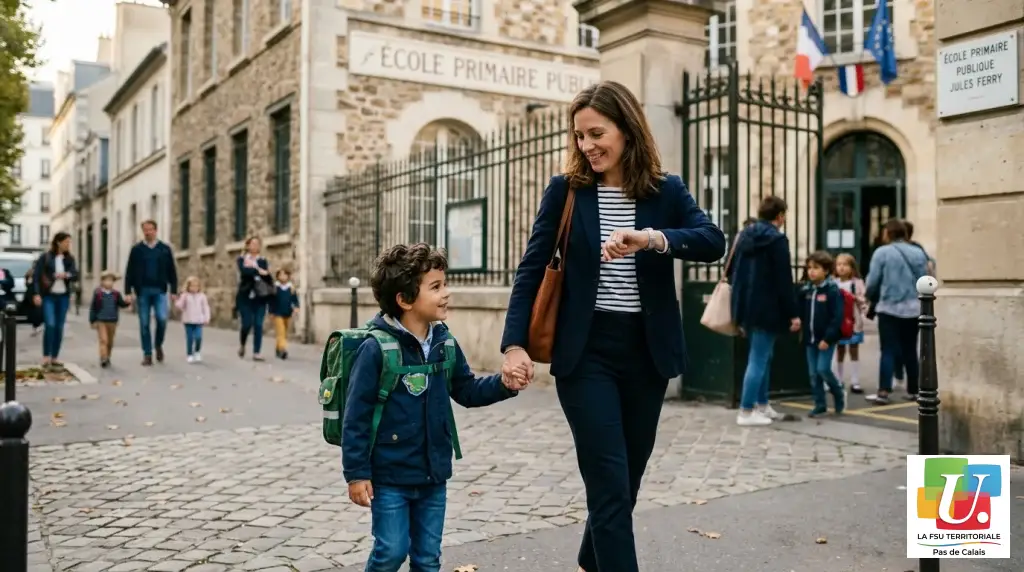 Parente regardant sa montre en accompagnant son enfant à l'école primaire le jour de la rentrée scolaire