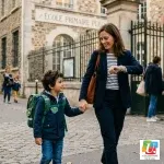Parente regardant sa montre en accompagnant son enfant à l'école primaire le jour de la rentrée scolaire