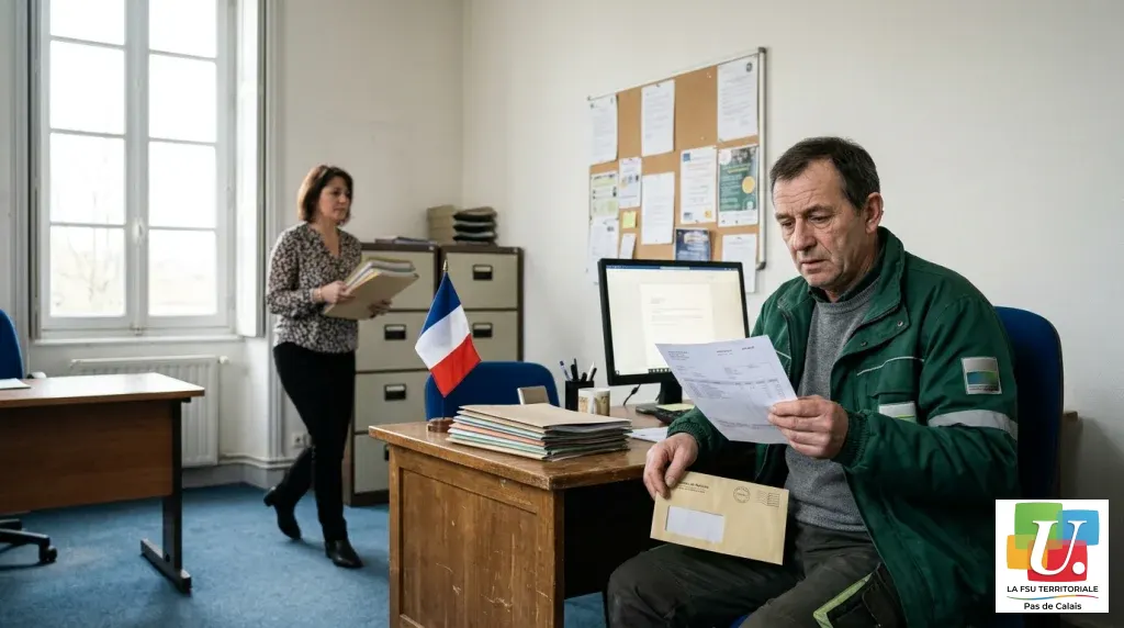 Agent technique territorial lisant sa fiche de paie, payé au SMIC grâce à l’indemnité différentielle