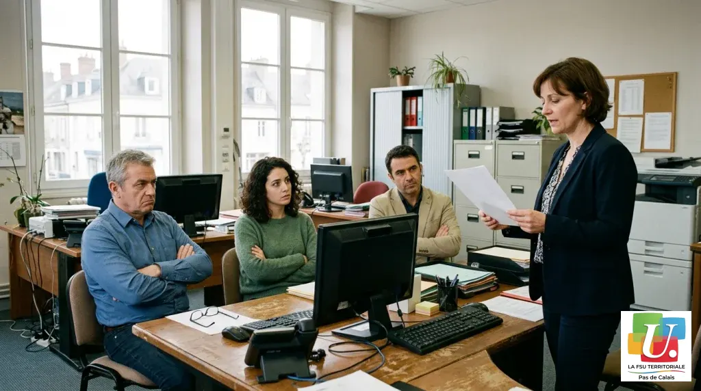 Une responsable d'équipe présente une consigne écrite à trois agents territoriaux, qui l'écoutent bras croisés et l'air sceptique, dans un bureau de mairie.