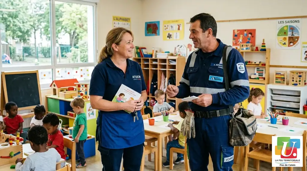 ATSEM et agent technique territorial en ecole maternelle