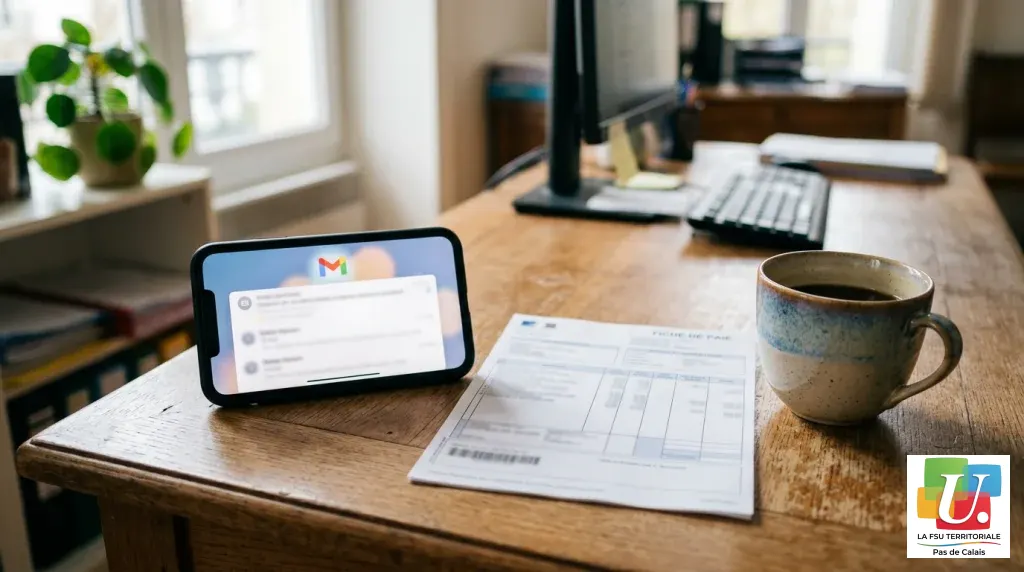 Smartphone recevant un e-mail posé à côté d’une fiche de paie