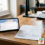 Smartphone recevant un e-mail posé à côté d’une fiche de paie