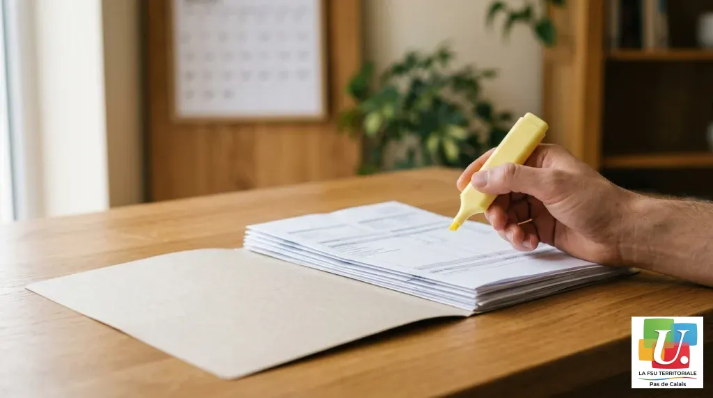 Main surlignant une pile de fiches de paie posée sur une chemise cartonnée