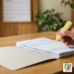 Main surlignant une pile de fiches de paie posée sur une chemise cartonnée