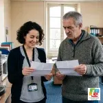 Jeune agente territoriale et collègue proche de la retraite comparant des fiches de paie presque identiques