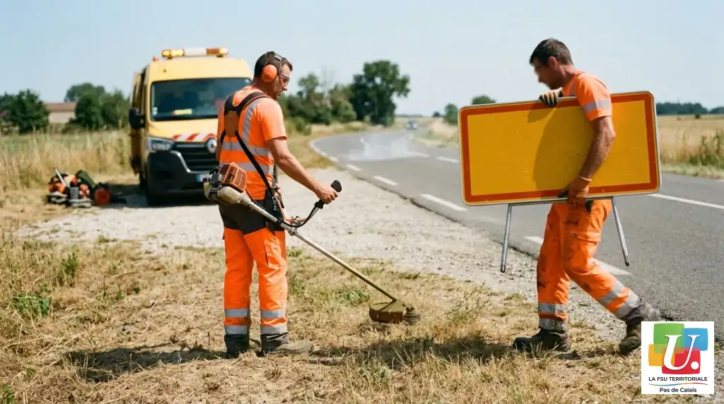 Deux agents des routes au travail en bord de route par forte chaleur