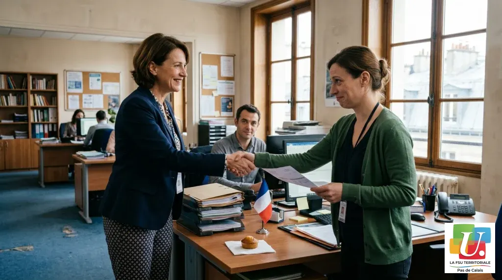 Agente territoriale félicitée pour sa promotion, fiche de paie en main et sourire forcé