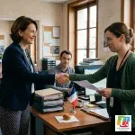 Agente territoriale félicitée pour sa promotion, fiche de paie en main et sourire forcé