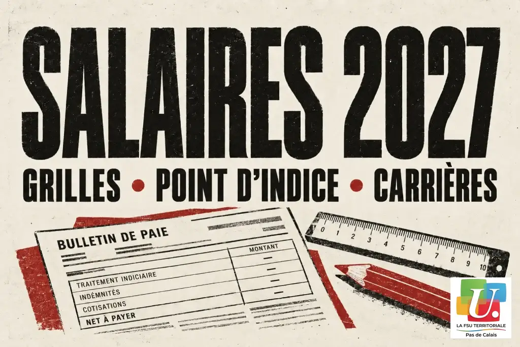 Affiche Salaires 2027, grilles, point d’indice et carrières, avec un bulletin de paie dessiné sans montants.