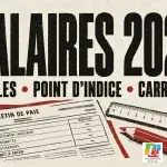 Affiche Salaires 2027, grilles, point d’indice et carrières, avec un bulletin de paie dessiné sans montants.